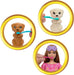 The image shows three circular frames. The top left frame contains a brown puppy with a blue toothbrush in its mouth. The top right frame has a white puppy, also with a blue toothbrush in its mouth. The bottom frame features a Barbie doll with long brown hair, pink pajamas, and an eye mask holding a pink toothbrush, suggesting part of the Mattel Barbie-Slumber Party Puppies-Doll Set.