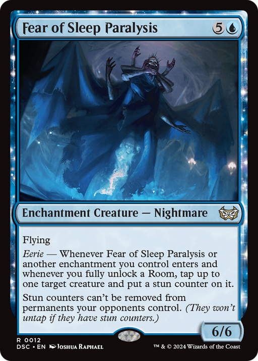 The Magic: The Gathering card "Fear of Sleep Paralysis" from the Duskmourn: House of Horror Commander collection showcases an Enchantment Creature with a haunting blue figure enveloped in dark mist and an expression of terror. With 6/6 power and toughness, this card also features Flying, Eerie, and stun counter abilities, making it a perfect addition to any House of Horror Commander deck.