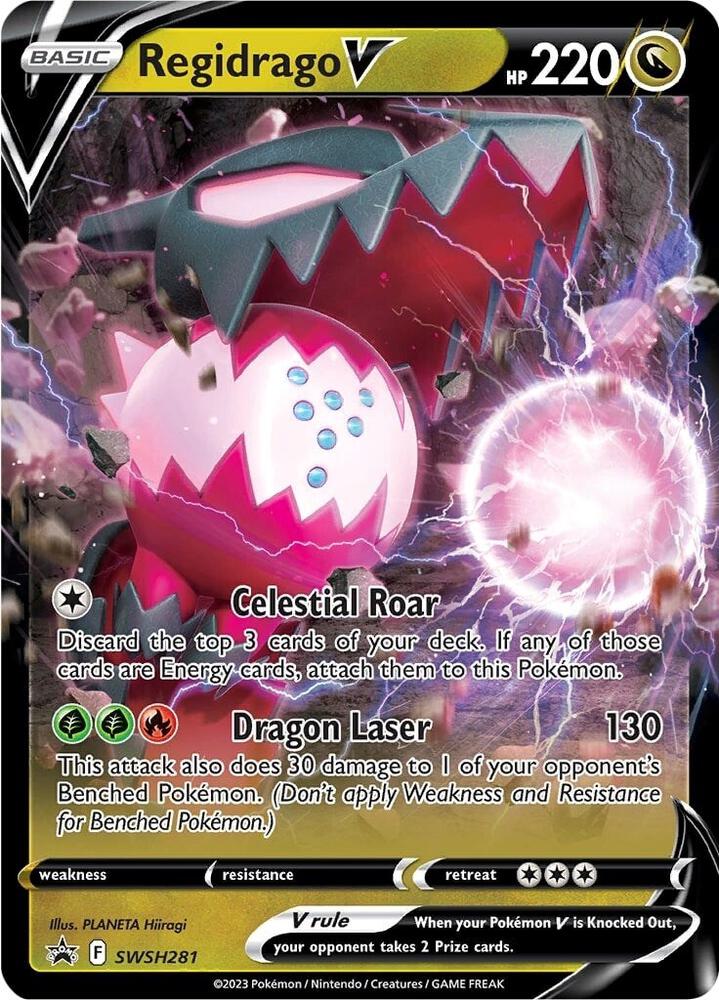 Regidrago V (SWSH281) from Pokémon's Sword & Shield: Black Star Promos is a dragon-type card with 220 HP. This features 