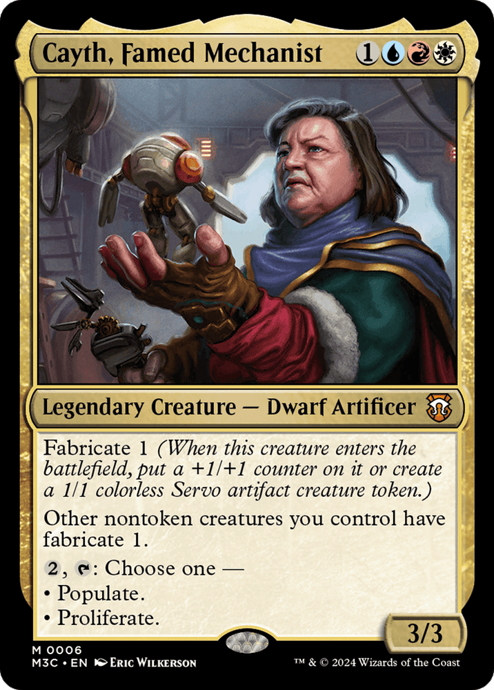 A Magic: The Gathering card depicting "Cayth, Famed Mechanist [Modern Horizons 3 Commander]," a Mythic Dwarf Artificer holding a small mechanical creature. The card details abilities: Fabricate 1, populate, and proliferate. Cost is 1WUB, and stats are 3/3. Artwork by Eric Wilkerson, Modern Horizons 3 card number M0006 M3.