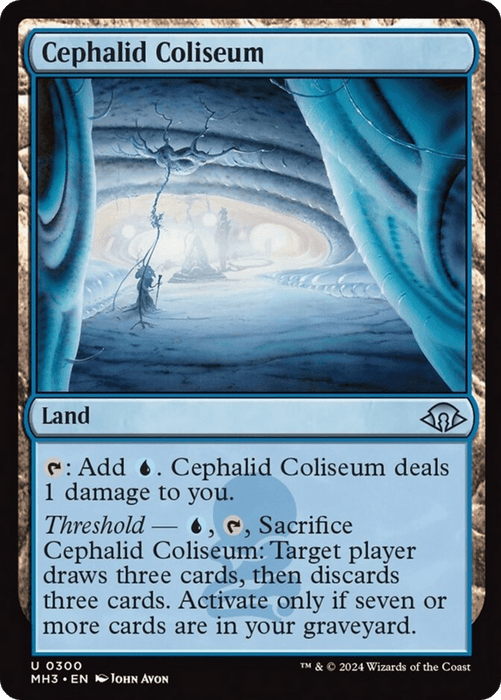 A Magic: The Gathering card titled "Cephalid Coliseum [Modern Horizons 3]" from *Magic: The Gathering*. It features a blue color scheme and is of the "Land" type. The image shows a cavernous, underwater structure with blue tones, inhabited by cephalid creatures. The card text describes its abilities and effects in the game.