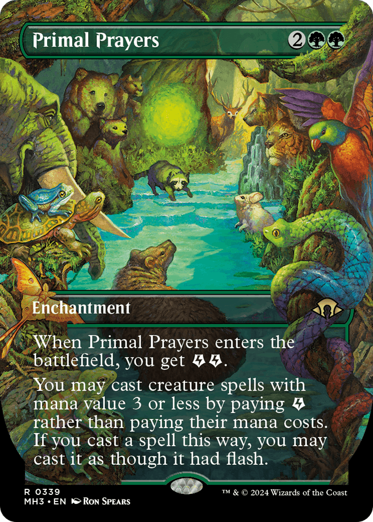 Magic: The Gathering's Primal Prayers (Borderless) [Modern Horizons 3], an enchantment from Modern Horizons 3, features forest animals like snakes, birds, and a lion surrounding a glowing pool. With a mana cost of 2 green and 2 colorless, this card grants a special ability for casting creature spells.