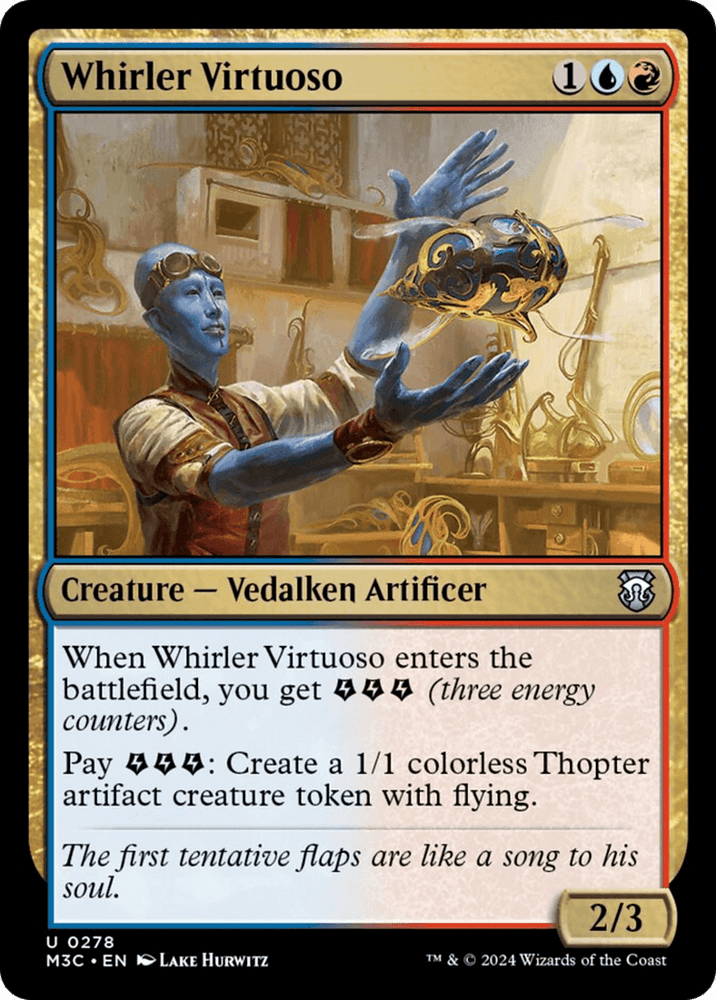 The image showcases a Magic: The Gathering card named "Whirler Virtuoso (Ripple Foil) [Modern Horizons 3 Commander]." This Vedalken Artificer costs one blue, one red, and one generic mana. It has a power and toughness of 2/3, with abilities that generate energy counters and create flying Thopter tokens.