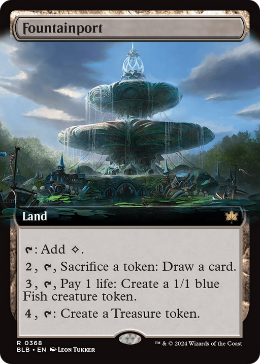 Image of a Magic: The Gathering card named "Fountainport (Extended Art) [Bloomburrow]." This rare Land card features art of a grand, multilevel fountain surrounded by greenery with a calm, misty atmosphere. It has abilities to add colorless mana, draw cards, create 1/1 blue Fish tokens, and create Treasure tokens.