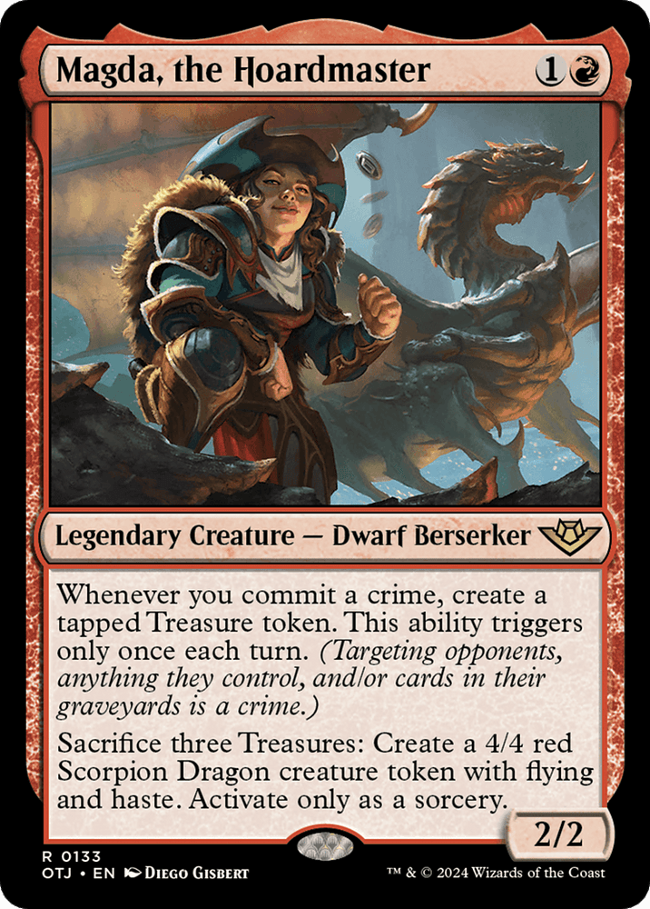 A Magic: The Gathering card named "Magda, the Hoardmaster [Outlaws of Thunder Junction]," from the Outlaws of Thunder Junction set. It depicts a Dwarf Berserker in ornate armor, wielding a hammer, with a small dragon on her shoulder. Costing 1 generic and 1 red mana, it has 2 power and 2 toughness and boasts abilities involving treasure tokens and summoning a