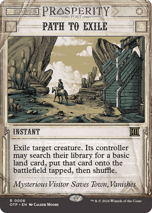 A Magic: The Gathering card titled "Path to Exile [Outlaws of Thunder Junction: Breaking News]" from the Outlaws of Thunder Junction set. The card art depicts a lone rider on horseback in a Western-style desert with cacti and rocks. The sky is cloudy. This rare instant allows you to exile target creature, and its controller may search for a basic land. Flavor text reads: "Mysterious Visitor Saves Town, Van