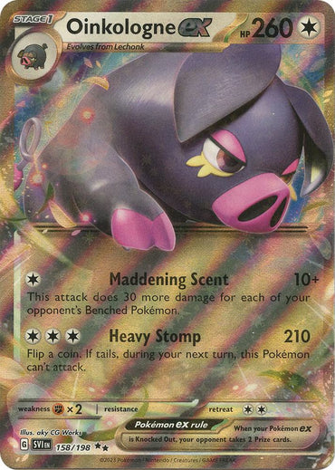 The Pokémon Oinkologne ex card from the Scarlet & Violet Base Set features 260 HP, the "Maddening Scent" and "Heavy Stomp" attacks, and showcases a pig-like creature in dark purple and pink on a holographic Double Rare card, labeled as 158/198.