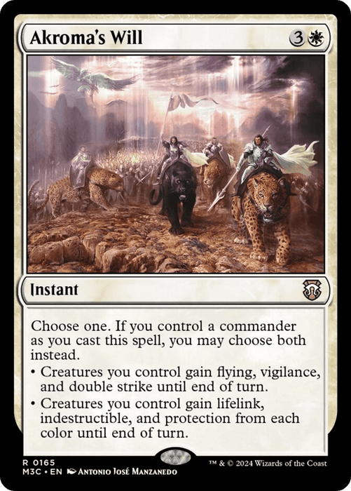 Illustrated Magic: The Gathering card named "Akroma's Will [Modern Horizons 3 Commander]." This rare instant from the Magic: The Gathering set depicts warriors on horseback and leopards, charging through a magical landscape with beams of light. The card text provides two abilities that can be chosen, enhancing creatures with various powers.