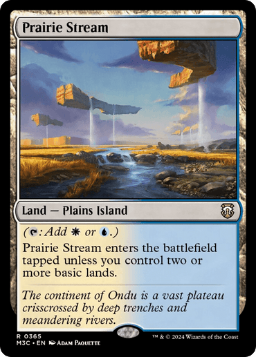 Prairie Stream (Ripple Foil) [Modern Horizons 3 Commander], a Rare Land card in Magic: The Gathering, featured in Modern Horizons 3. This "Land – Plains Island" showcases Adam Paquette's artwork of fantastical floating land masses, waterfalls, deep trenches, and rivers. The card text specifies the conditions under which the land enters tapped.