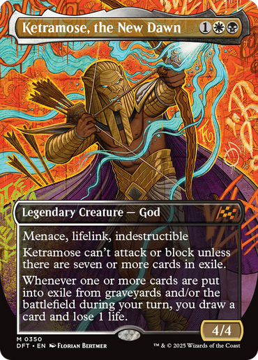 The Magic: The Gathering card "Ketramose, the New Dawn (Borderless) [Aetherdrift]" features a Legendary Creature warrior with a golden horned helmet and armor, set against an orange backdrop with ethereal blue spirals. It's a Mythic Rarity card with menace, lifelink, indestructible abilities, and 4/4 power.