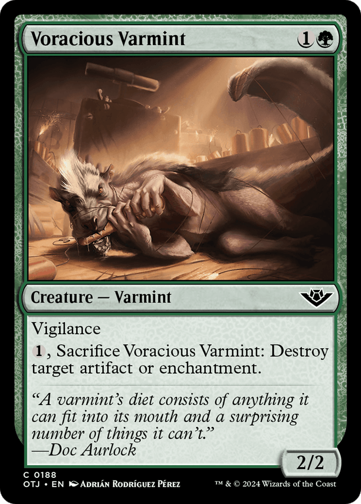 Illustration of a Magic: The Gathering card named Voracious Varmint [Outlaws of Thunder Junction] from the Magic: The Gathering set. The creature, a varmint with vigilance and one power, has a cost of one green mana symbol. Its ability allows it to destroy target artifacts or enchantments. Art by Adrián Rodríguez Pérez.