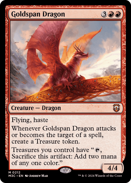 This Magic: The Gathering card features Goldspan Dragon [Modern Horizons 3 Commander] with a striking red border. Illustrated by Andrew Mar, the dragon soars with wings spread wide against a fiery sky. Boasting flying, haste, and treasure token creation when attacking or targeted, it generates two mana per token. Stats: 4/4. Perfect for Modern Horizons 3 Commander decks!
