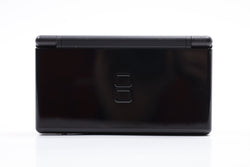 A Nintendo DS Lite handheld gaming console in black, featuring a clamshell design, is centered against a white background. Its cover showcases a subtle embossed logo with two vertically aligned squares, reminiscent of the Nintendo brand. The device has rounded edges and a glossy finish, providing an enhanced premium gaming experience.