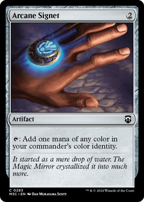 A Magic: The Gathering card named "Arcane Signet [Modern Horizons 3 Commander]" with an artifact border and a casting cost of 2 colorless mana. The card illustration shows a glowing, blue, arcane symbol held by a hand. The text reads, "{T}: Add one mana of any color in your commander's color identity." This iconic piece has become integral to many Modern Horizons 3 Commander decks.