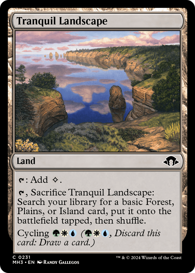 A Magic: The Gathering card named Tranquil Landscape [Modern Horizons 3] with artwork by Randy Gallegos. The illustration depicts a serene natural scene of a river winding through a rocky and forested landscape under a calm, cloudy sky. Part of Modern Horizons 3, it has abilities for mana generation and cycling.