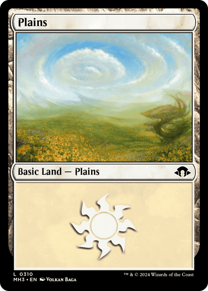 A Magic: The Gathering card named **Plains (0310) [Modern Horizons 3]** depicted with an illustration of a vast, sunny landscape featuring fields of yellow flowers, rolling hills, and a sky with swirling clouds. This basic land card bears the collector number L 0310.