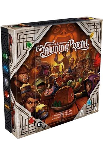 The box cover for Avalon Hill's "Dungeons & Dragons: The Yawning Portal" board game features a vibrant illustration with adventurers, creatures, and a feast framed in a gem-adorned stone border. Ideal for Family Game Night, this game is suitable for ages 12 and up.