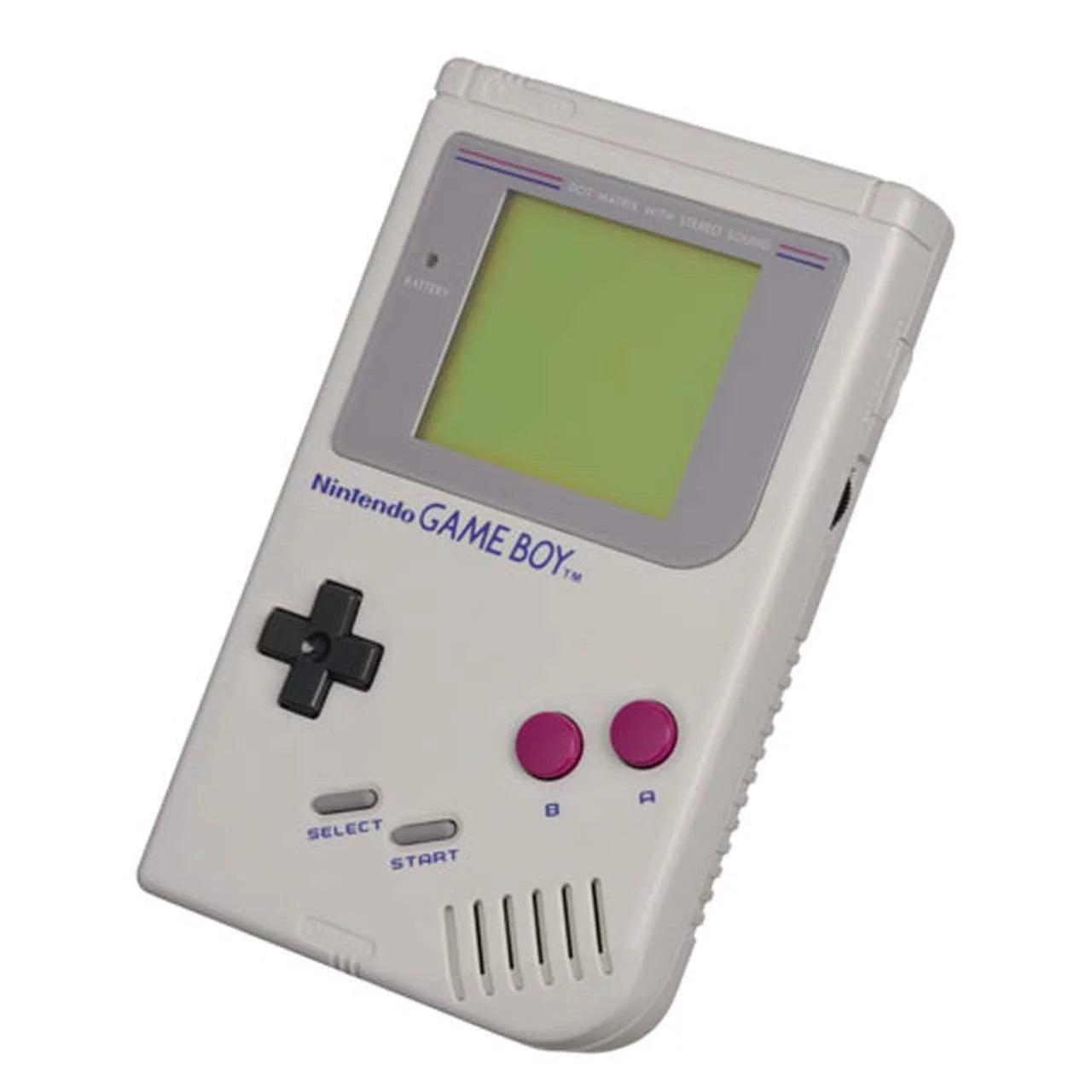 An angled view of the Nintendo Gameboy, ideal for retro gaming, shows its light gray body with a black directional pad on the left and purple 