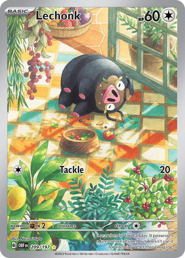 The Lechonk (209/197) Pokémon card from the Scarlet & Violet: Obsidian Flames series shows an Illustration Rare of Lechonk on a tiled floor surrounded by colorful fruit, plants, and a sunlit window. This card has 60 HP, features "Tackle," and detailed stats at the bottom.