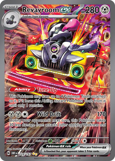 The Pokémon card "Revavroom ex" from the Scarlet & Violet: Obsidian Flames collection features a dynamic Metal Type creature with 280 HP and abilities like Tune-Up and Wild Drift, set against an abstract background with multicolored lights and stats at the bottom.