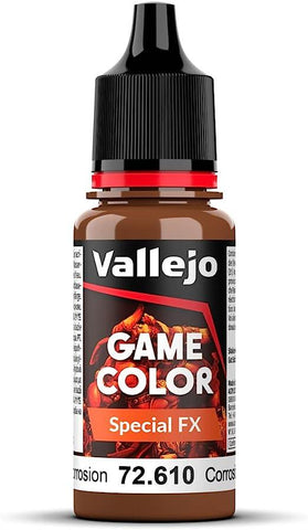 Vallejo Special FX Galvanic Corrosion (18ml) features a vivid rust-textured label and black cap. This highly pigmented acrylic paint is ideal for creating corroded effects on fantasy figures, offering rich matte and opaque finishes.