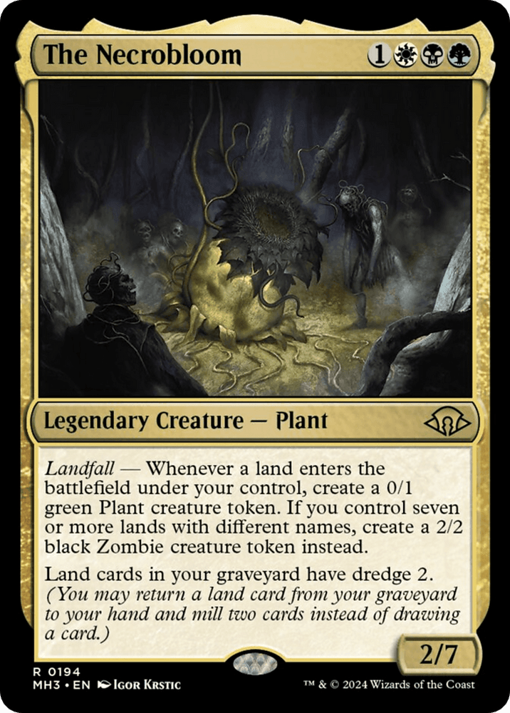 A Magic: The Gathering card from Modern Horizons 3, "The Necrobloom [Modern Horizons 3]" is a legendary creature plant with a mana cost of 1 black, green, and white. It boasts "Landfall" and "Dredge 2," with power and toughness of 2/7. The illustration depicts a menacing plant in a dark, eerie forest.