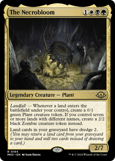 A Magic: The Gathering card from Modern Horizons 3, "The Necrobloom [Modern Horizons 3]" is a legendary creature plant with a mana cost of 1 black, green, and white. It boasts "Landfall" and "Dredge 2," with power and toughness of 2/7. The illustration depicts a menacing plant in a dark, eerie forest.