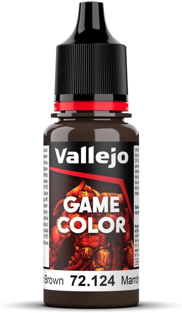 A bottle of Vallejo Game Color Gorgon Brown (18ml), code 72.124. Part of the Game Color series, the label has a black background with 