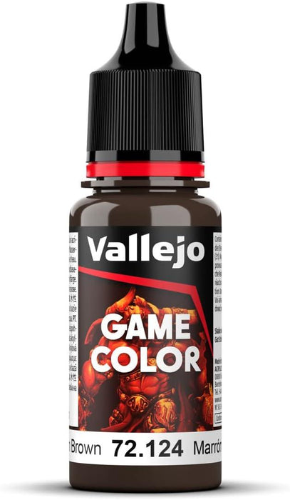 A bottle of Vallejo Game Color Gorgon Brown (18ml), code 72.124. Part of the Game Color series, the label has a black background with "Vallejo" at the top and "Game Color" beneath it. The front features an illustration of a red demon-like creature, perfect for wargame miniature paint projects.