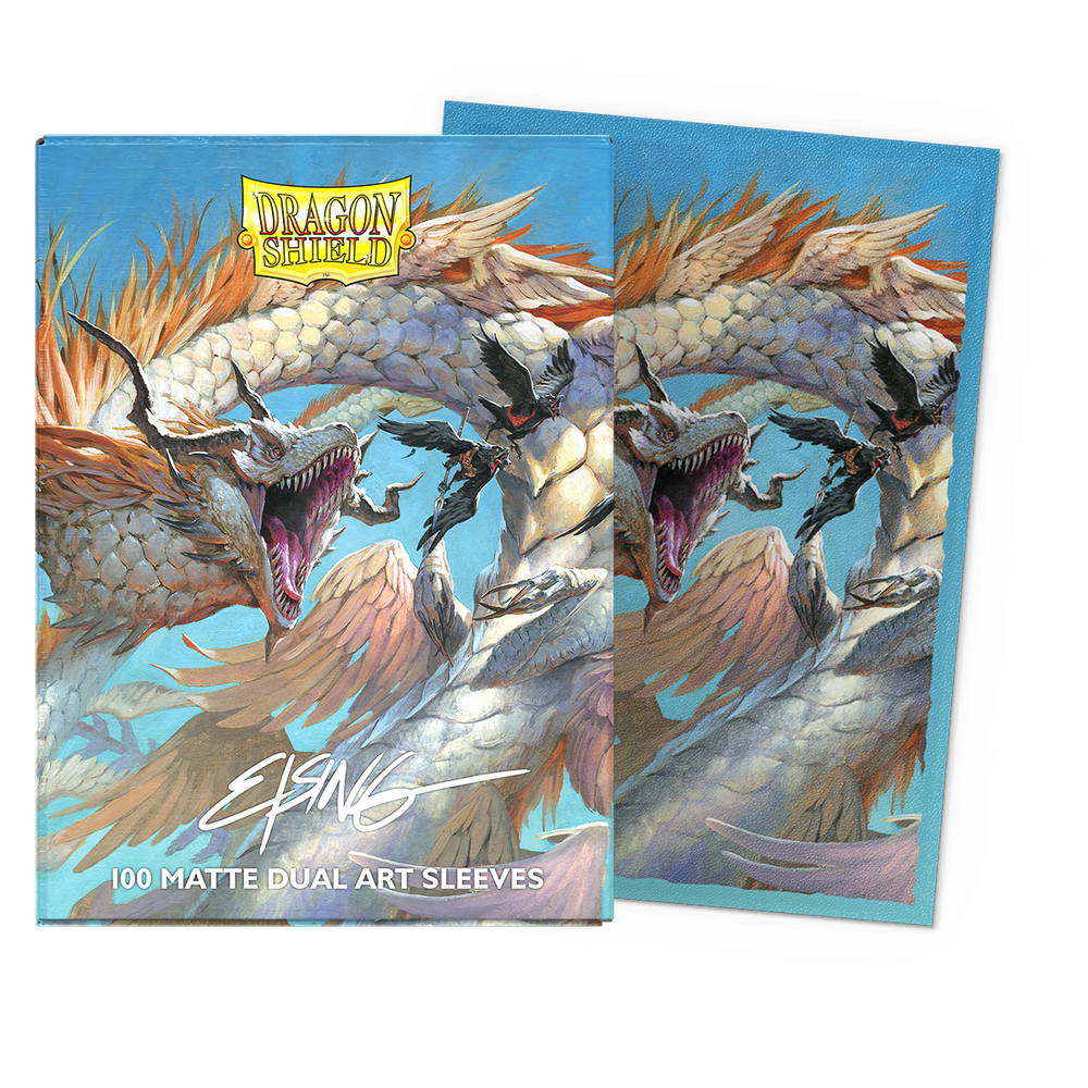 The image shows a pack of Arcane Tinmen's Dragon Shield: Standard 100ct Sleeves - The Ejsingandr (Dual Matte), featuring two matte dual art sleeves with an intricate dragon design. With white scales and a fierce expression amidst blue and orange hues, it's perfect for trading card collectors.