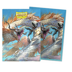 The image shows a pack of Arcane Tinmen's Dragon Shield: Standard 100ct Sleeves - The Ejsingandr (Dual Matte), featuring two matte dual art sleeves with an intricate dragon design. With white scales and a fierce expression amidst blue and orange hues, it's perfect for trading card collectors.