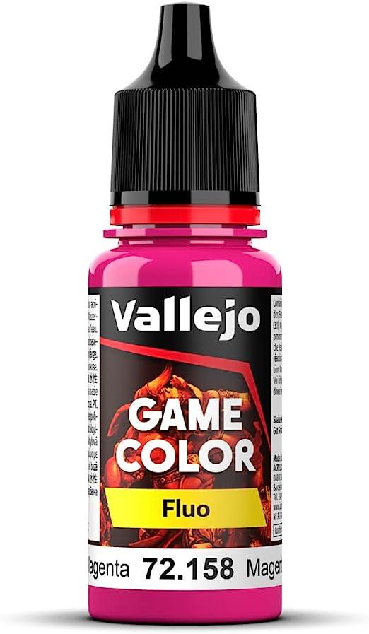 Image of a Vallejo Game Color Fluo paint bottle. The bottle is predominantly black and pink with a black cap. The label displays 