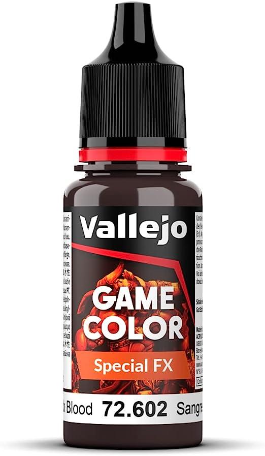 An 18 ml bottle of Vallejo Special FX paint, perfect for miniatures. The label displays "Vallejo" at the top, with the color name "Thick Blood." The black cap features a red band near its base.