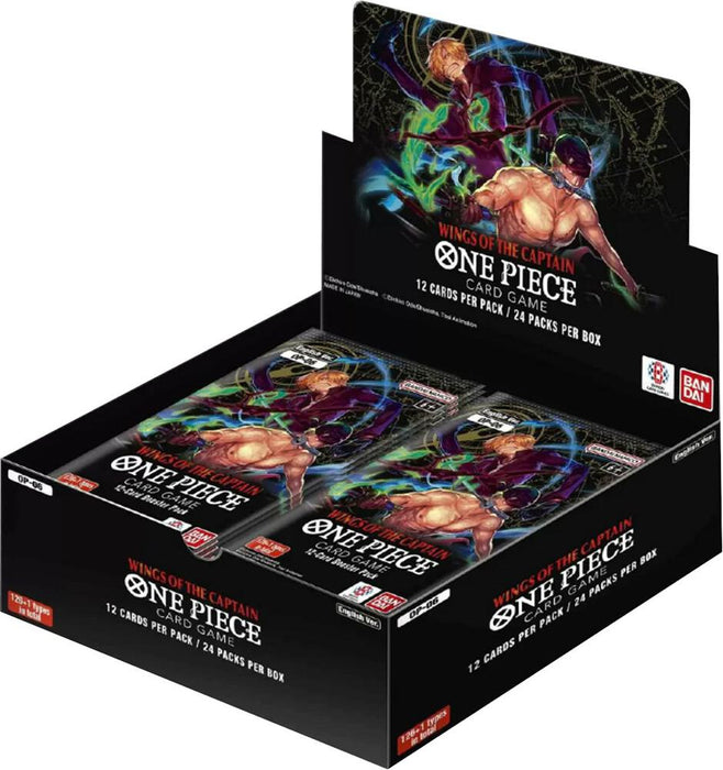 A display box of "Wings of the Captain - Booster Box" trading cards by Bandai. The colorful packaging features dynamic illustrations and showcases Zoro and Sanji in action poses. With "12 cards per pack" and "24 packs per box," these booster packs offer a thrilling adventure for collectors.