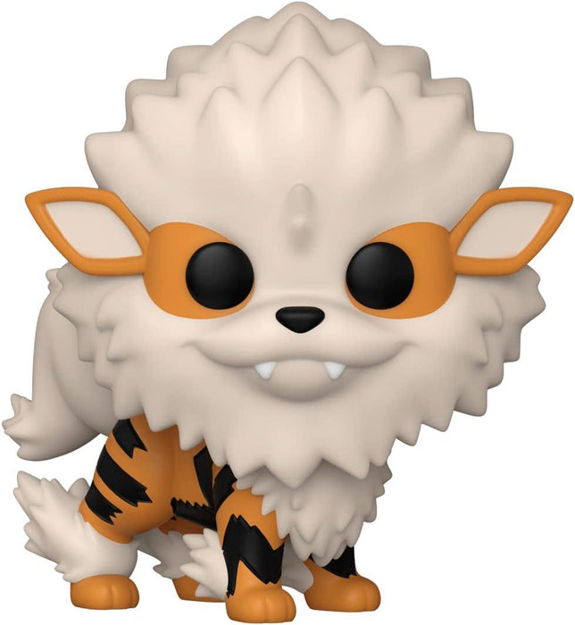A Funko Pop! Games: Pokemon - Arcanine vinyl figure, a character from Pokémon. The figure has large, round black eyes, orange fur with black stripes, and a fluffy cream-colored mane and tail. Its mouth is open, showing tiny fangs, and it stands in a playful, happy pose.