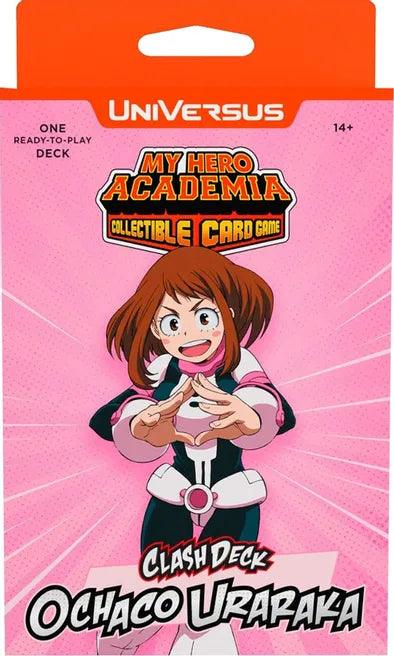 The image shows a boxed product for the "My Hero Academia: Jet Burn Clash Deck: Ochaco Uraraka" by UniVersus. The box features a pink background with Ochaco Uraraka, a character from the series, in her hero costume. The text includes "One Ready-to-Play Deck," "Clash Deck," and "Ochaco Uraraka," recommended for ages 14+. Also available are booster packs to enhance your gameplay.