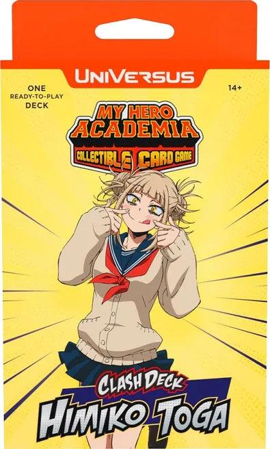 The image shows the packaging for a "My Hero Academia: Jet Burn Clash Deck: Himiko Toga" UniVersus featuring Himiko Toga. Labeled as a ready-to-play deck for ages 14+, it includes booster packs. The front of the package displays an illustration of Himiko Toga in a school uniform with a mischievous expression.