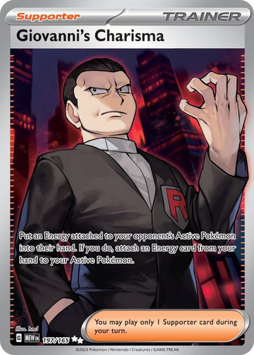 The Pokémon card "Giovanni's Charisma" (197/165) from Scarlet & Violet 151 features a stern man in a suit with the red "R" logo, set against a cityscape with red-lit windows. As an Ultra Rare Supporter, it details strategic energy and support limits.