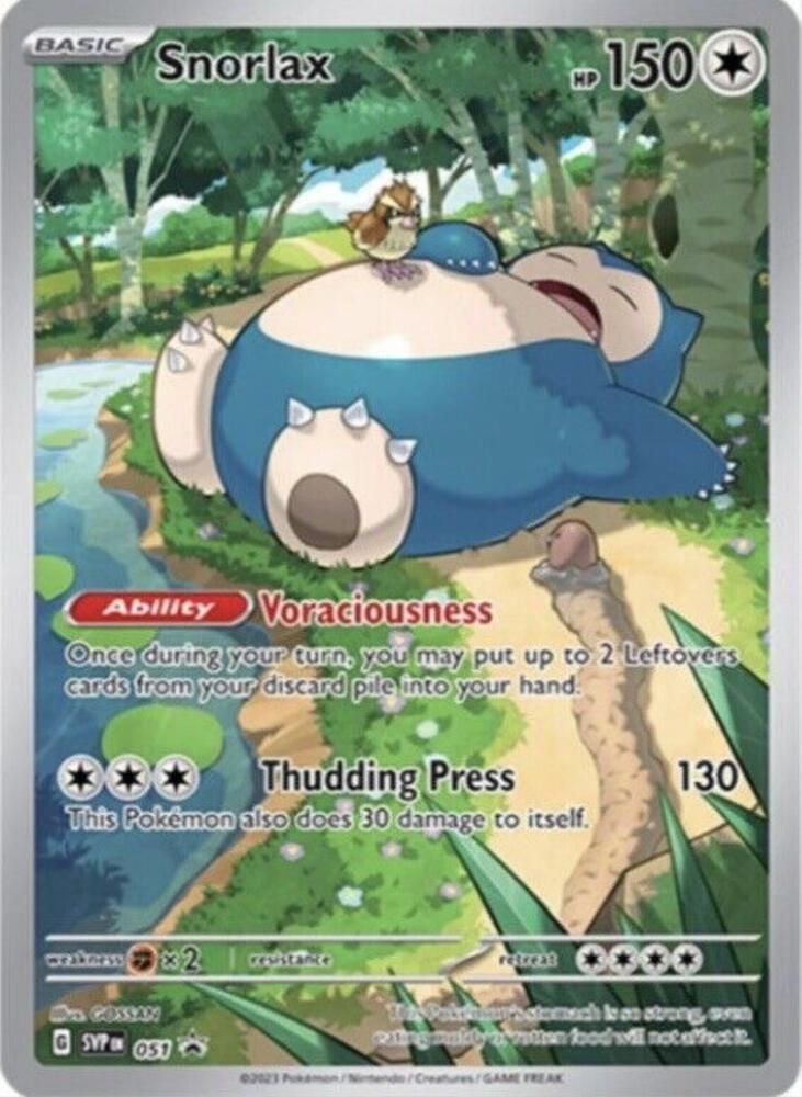 This Pokémon Snorlax (051) card from the Scarlet & Violet: Black Star Promos series shows a Colorless Snorlax by a river with Munchlax on its belly. It has 150 HP and abilities 