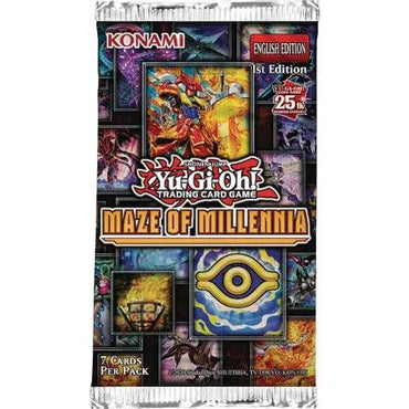 The "Maze of Millennia" 1st Edition Yu-Gi-Oh! Booster Pack features intricate artwork, a prominent eye symbol, and the Phantom Nightmare motif, celebrating the "25th Anniversary." It includes 7 cards per pack and is marked with the Konami logo as an "English Edition.