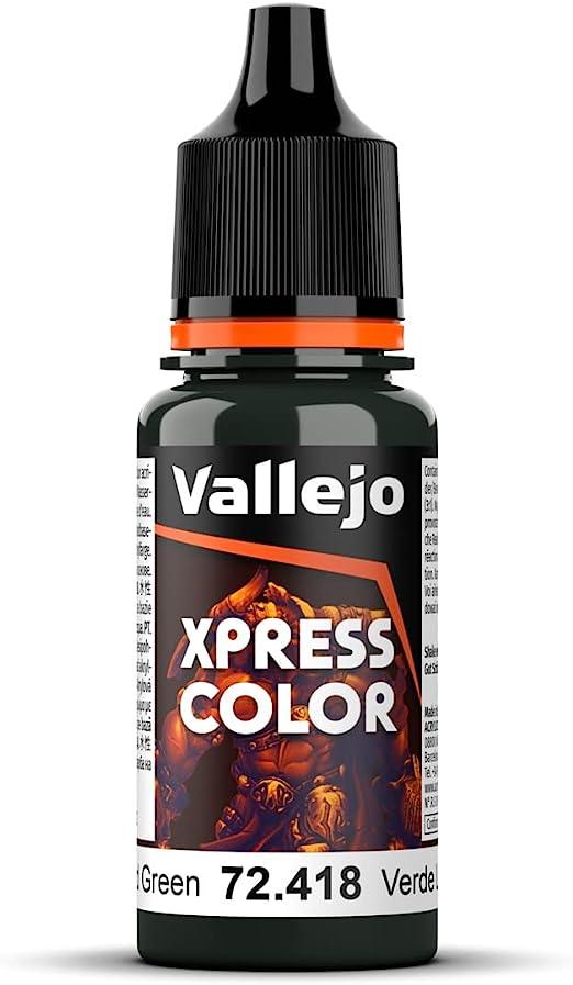 Vallejo Xpress Color, Lizard Green 18ml is perfect for fantasy figures. It features orange and brown abstract label designs with text, a black dropper cap topped by an orange band, delivering highly pigmented acrylics for matte and opaque coatings.