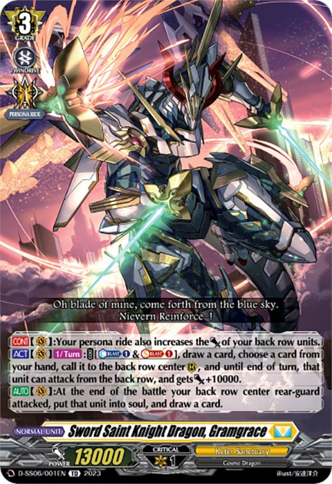 A card from the Bushiroad *Cardfight!! Vanguard* Stand Up Deckset "Gramgrace" (D-SS06/001EN) featuring "Sword Saint Knight Dragon, Gramgrace." The armored dragon, affiliated with the Keter Sanctuary, wields a glowing sword and is surrounded by blue energy. The card details various abilities and stats, including a power of 13,000 and a grade of 3.