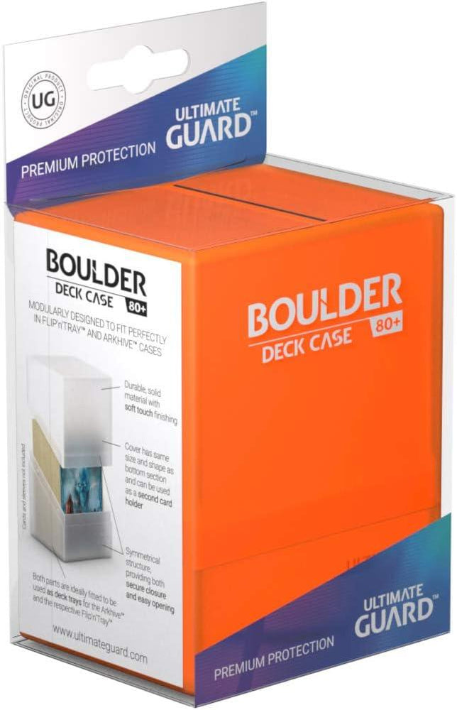 The image shows a packaged Ultimate Guard Boulder 80+ Deck Case Poppy Topaz. The durable box is mainly orange with white and blue branding and labels. The packaging highlights features such as its modular design to fit other Ultimate Guard products, durability, and a secure closure. A product image on the side shows the case holding cards.