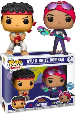 The Funko Pop! Games: Fortnite - Ryu and Brite Bomber 2 Pack features Ryu in his classic white karate gi with a red headband and Brite Bomber in bright pink and blue, holding a rainbow llama pickaxe, all packaged in a single box by Funko.