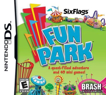 Cover art for the Nintendo DS game "Six Flags Fun Park" by Everything Games. Showcases vibrant amusement park attractions such as a Ferris wheel and a roller coaster. Text highlights, "A quest-filled adventure and 40 mini-games!" Features logos for Six Flags and Brash Entertainment and is rated E for Everyone.