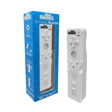 A white Old Skool wireless remote for Wii/Wii U is shown next to its blue box, highlighting "Wireless," "Motion Plus," and "Vibration" features. The remote includes a D-pad, A, 1, 2, and power buttons.