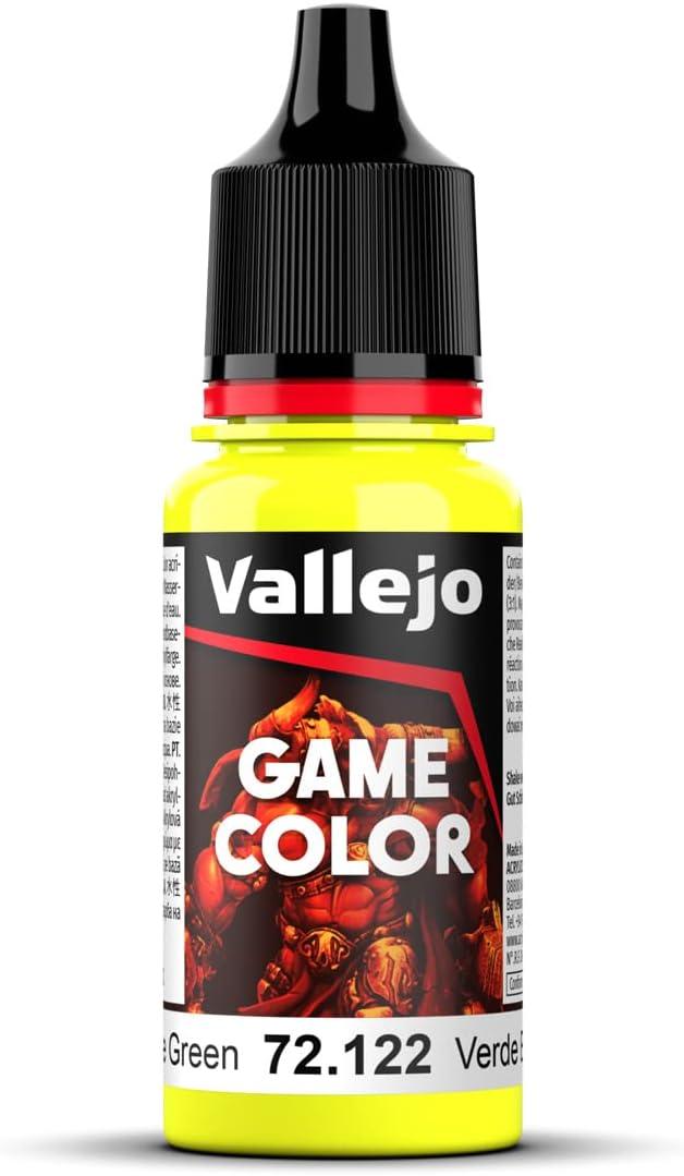 Vallejo Game Color 72122 Bile Green (18ml) offers high pigment saturation for vibrant projects. It features a black cap, a red creature graphic, and displays 