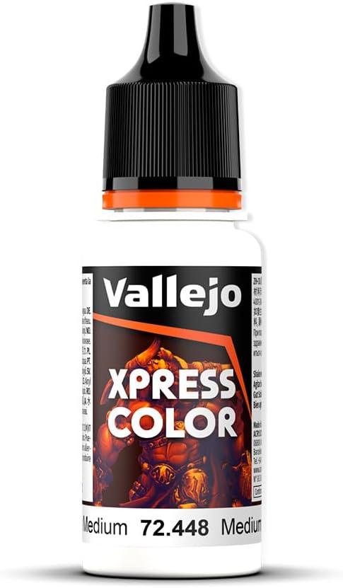 An image of a Vallejo Xpress Color model paint bottle labeled "Xpress Medium" with a dropper-style black cap. The label features artwork of a fiery, armored figure and displays the color number 72.448. Ideal for painting miniatures, the 18ml bottle has an orange band near the top.