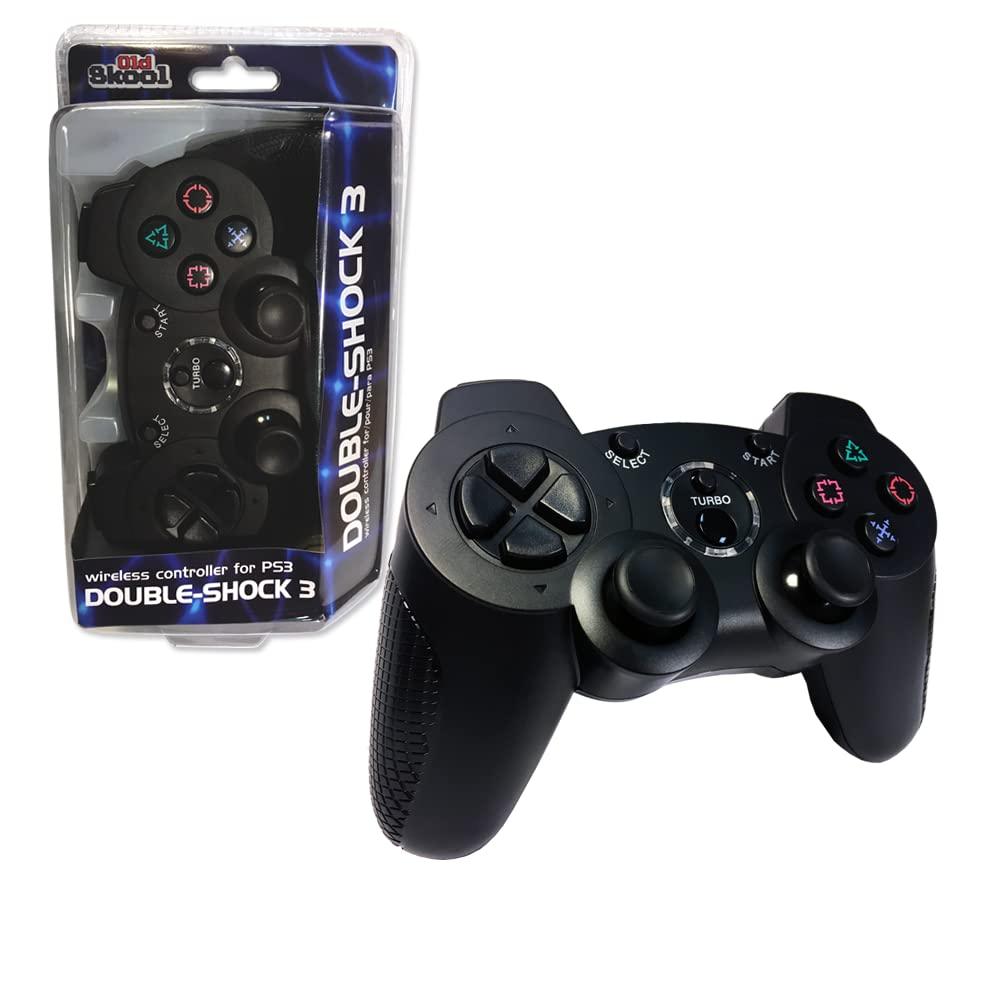 The image displays the Old Skool Black PlayStation 3 Wired Double-Shock 3 Controller, featuring dual analog sticks, a D-pad, and four action buttons with PlayStation symbols. It offers an ergonomic grip for comfortable gaming. The packaging clearly shows the controller and model information.