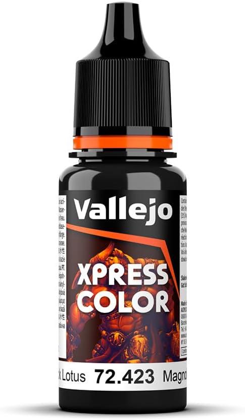 The Vallejo Xpress Color paint bottle, featuring a red-armored character and black cap, displays "Black Lotus" with number "72.423" at the bottom.